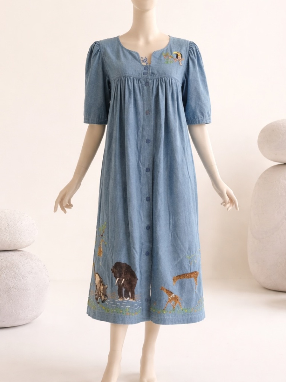 Go Softly Embroidered Animal Denim Dress